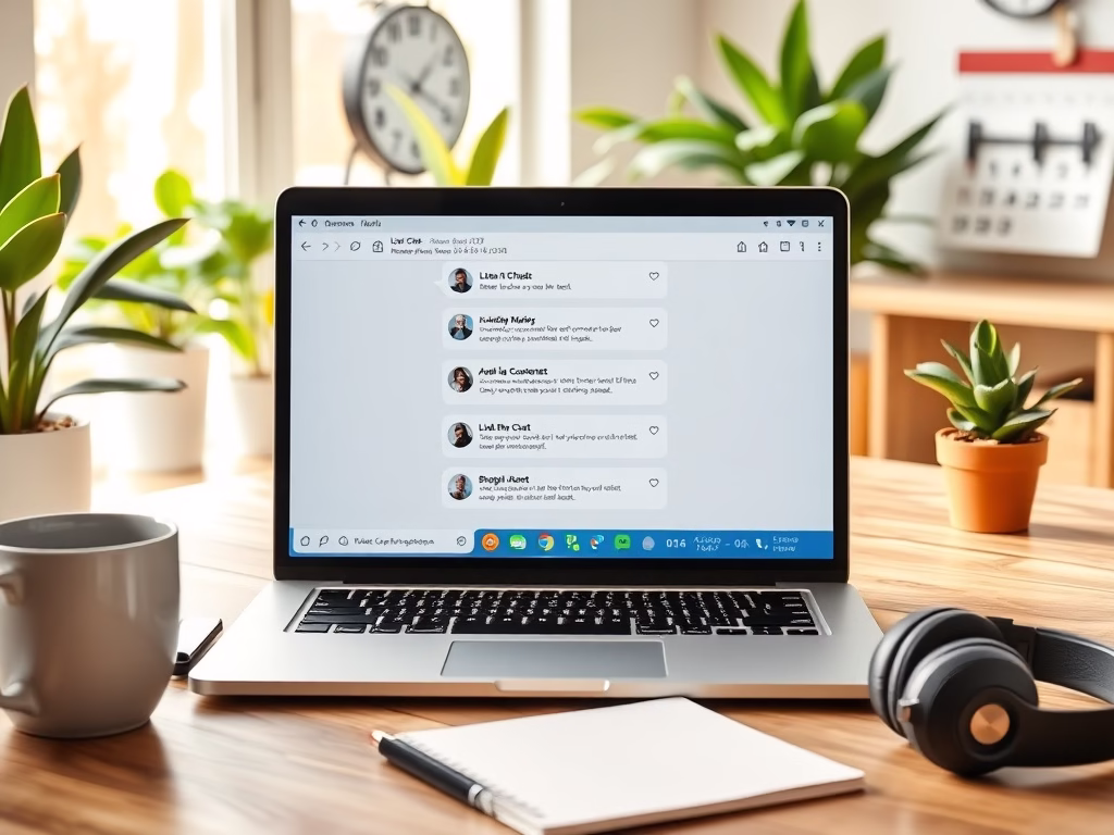 Laptop on desk with chat messages