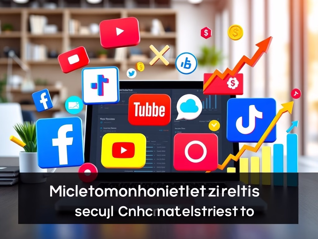 Social media icons around a laptop
