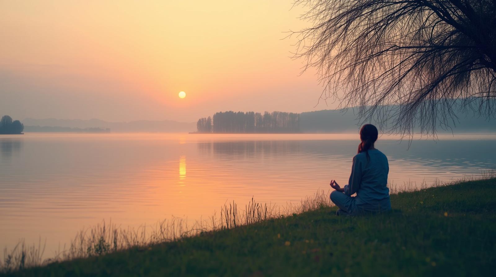 A person sits cross-legged on a grassy lakeshore at sunrise, meditating quietly. The calm water reflects the warm orange glow of the rising sun, while a soft mist hovers above the lake. Bare tree branches frame the scene overhead, and a line of distant trees stretches across the horizon, adding to the peaceful, serene atmosphere.