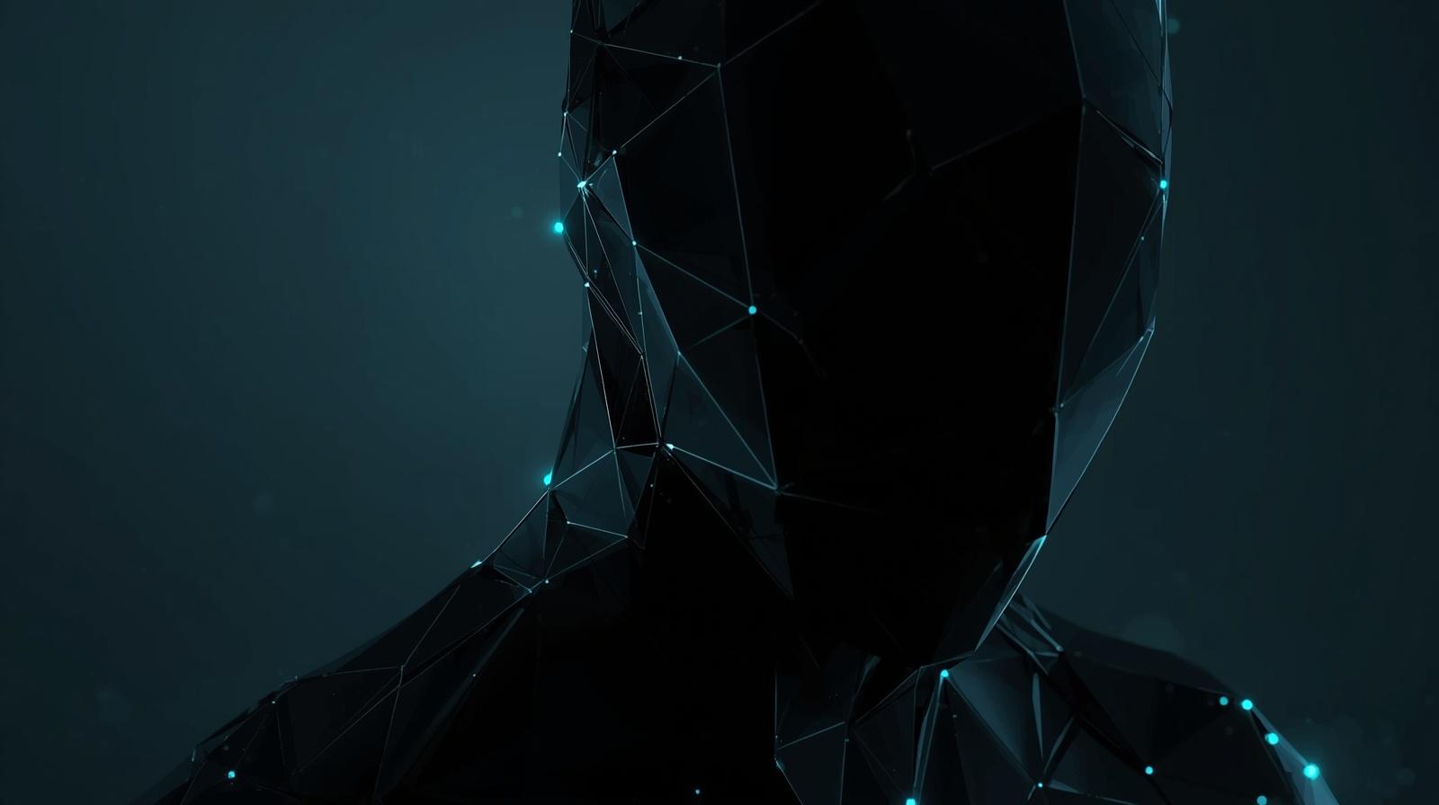 Abstract digital illustration of a human silhouette composed of dark, faceted polygon shapes, with glowing blue connection points and lines suggesting a futuristic network or AI figure against a teal gradient background.